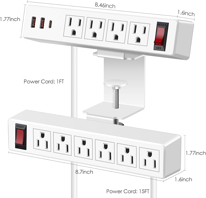 Dual Layer Desk Clamp Power Strip Surge Protector, Under Desk Power Strip with 10AC Outlets & 3 USB(20W USB-C), Desktop Edge Mount Charging Station, 15 Ft Extension Cord for Office Home (ETL Listed)