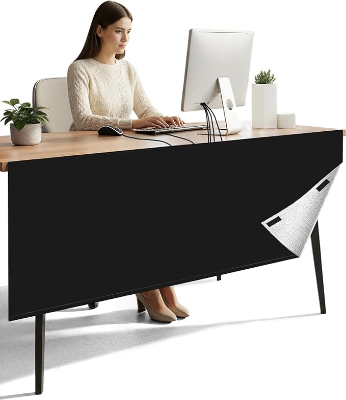 Under Desk Privacy Panel with Table Cable Management, 60 Inch Desk Skirt Modesty Desk Panel with Self-Gripping Straps for Office Home, Premium Silver-Plated Interior to Provide Better Privacy