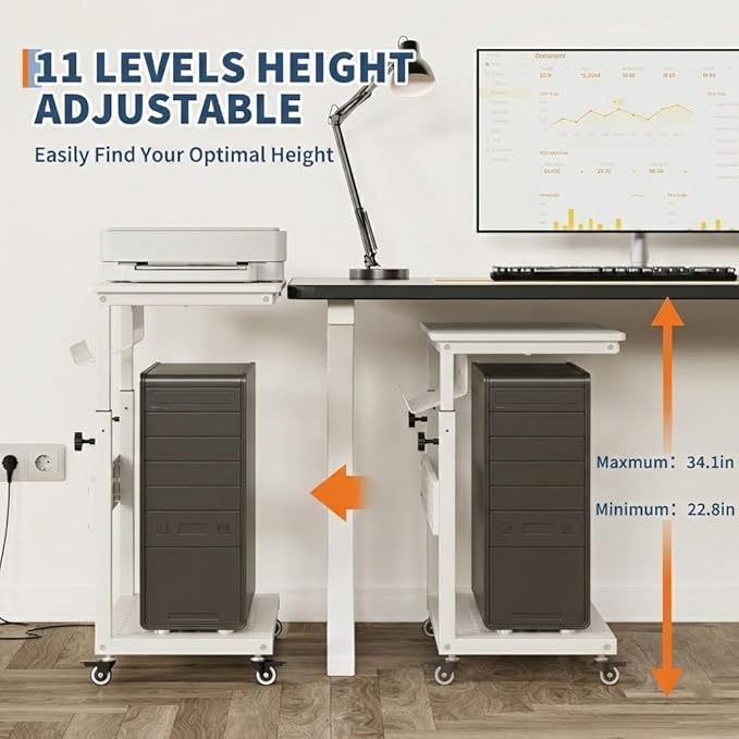 2-Tier Rolling Computer Tower Stand with Cable Management Rack, Height Adjustable CPU Holder Cart with Hooks for Gaming Home Office, PC Stand Fits Under Desk, White