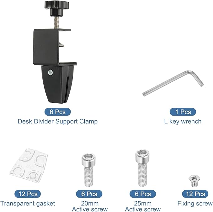 PATIKIL 6 Pcs 1/8" to 1/2" Adjustable Desk Divider Partition Clips, Aluminum Sneeze Guard Support Clamps Desktop Divider Clips for Offices Stores,Counter Privacy Panel,Black