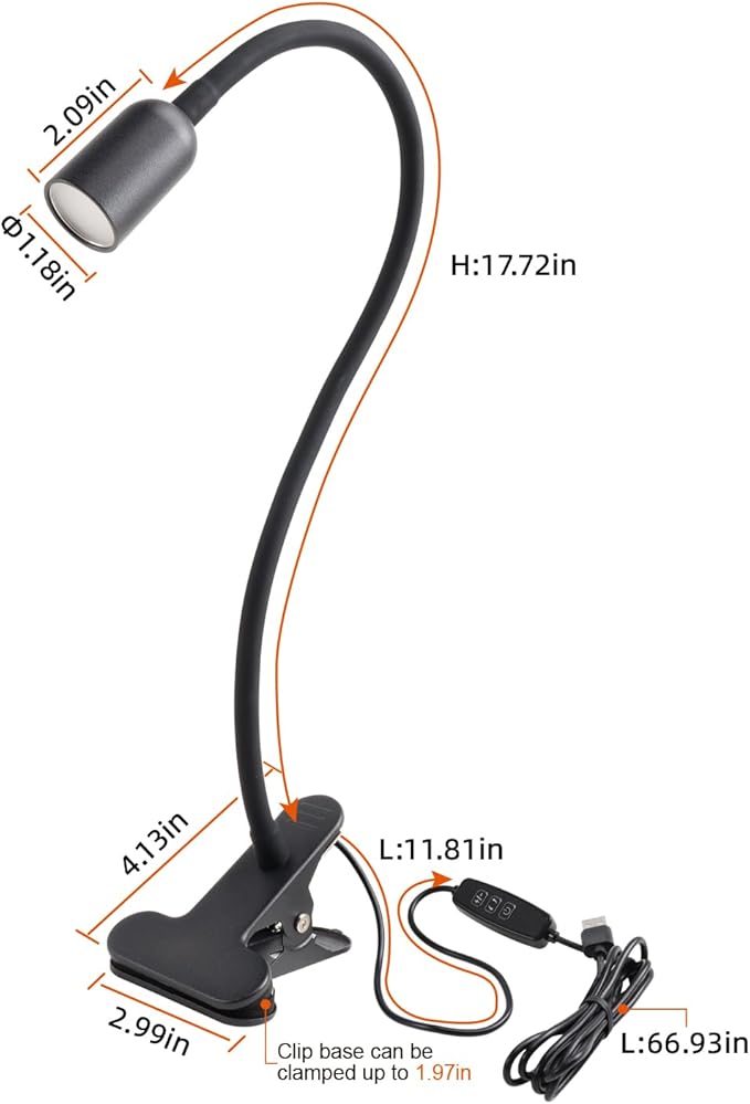 DAMI LED Reading Light for Bed Headboard – Dimmable Clip-On Book Light with Flexible Gooseneck, Adjustable Color Temperature (3000/4000/6000K), USB-Powered Desk Lamp for Dorms and Home