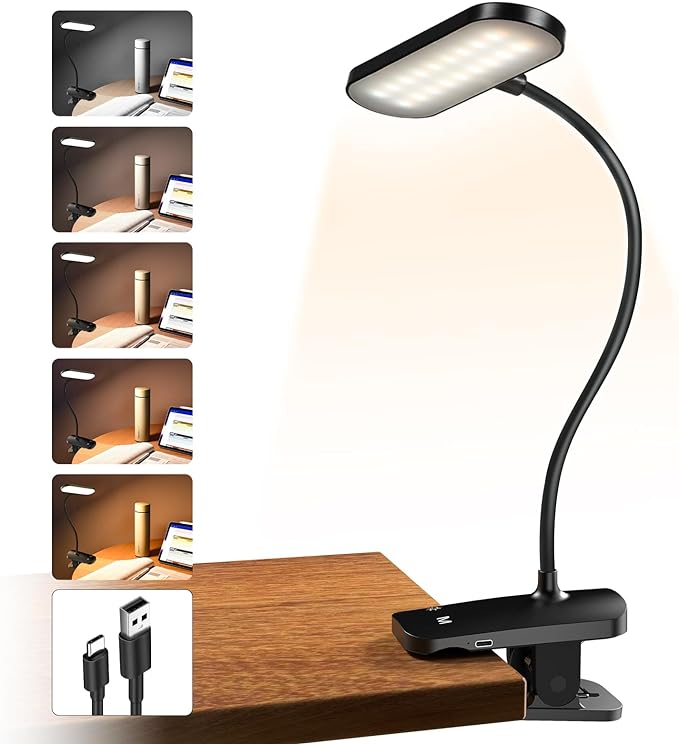 Clip on Desk Lamp, Battery Powered Reading Light with Strong Clamp - 5 Colors 5 Brightness, USB Rechargeable Portable Cordless Book Lamp for Bed Headboard Table Bedside Home Office