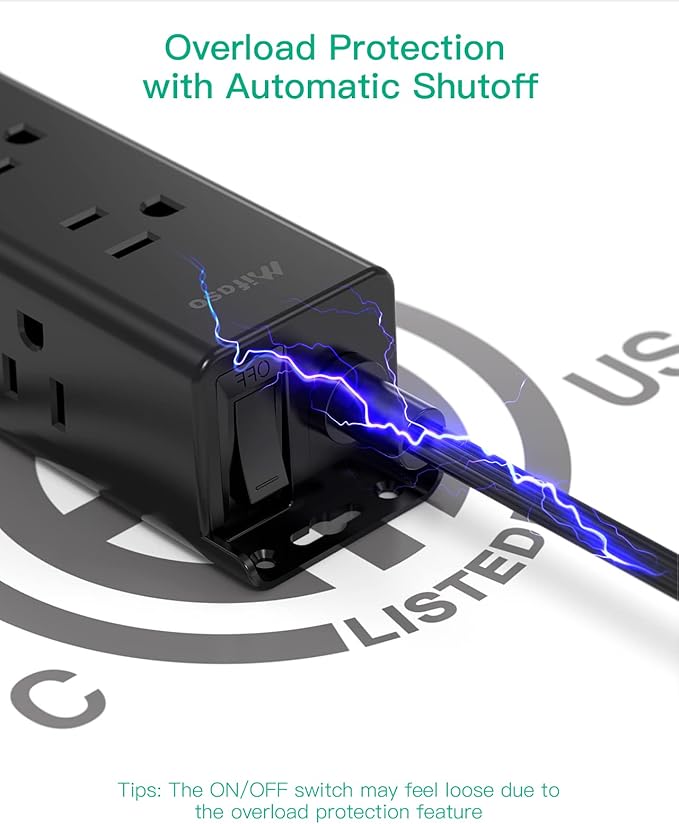 Surge Protector Power Strip - Widely Spaced Multi Outlets, Wall Mount, 3 Side Outlet Extender with Extension Cord, Flat Plug, Overload Protection, Home Office Dorm Room Essentials (5FT, Black)