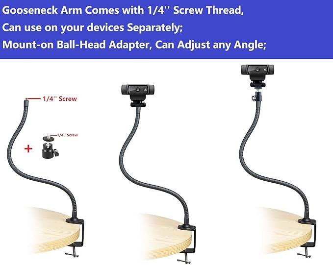 AceTaken Webcam Stand - 25 inch Gooseneck Clamp Desk Webcam Mount Arm for Logitech Webcam C920s C920 C930e C922x C930 C922 C925e C615 Brio