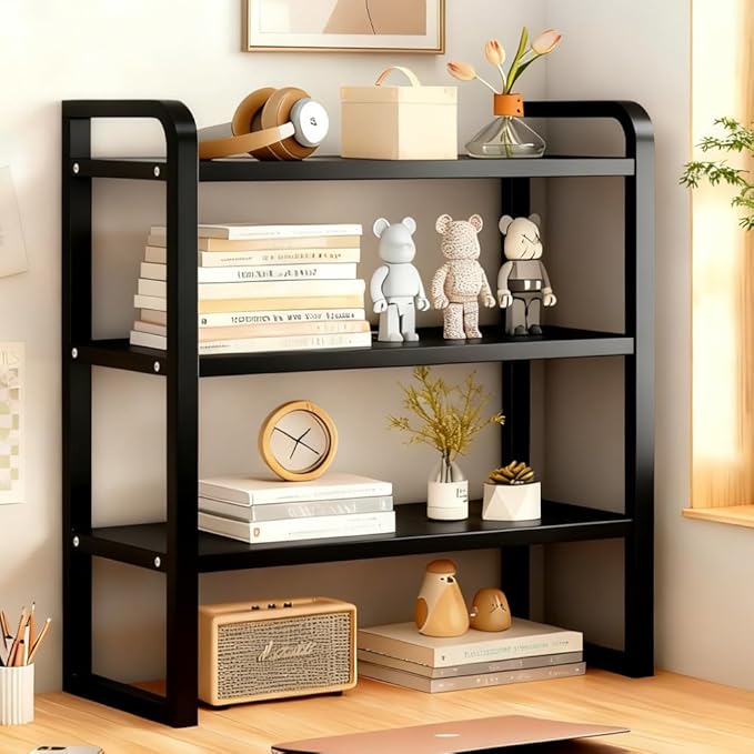 Office Desk Shelf Organizer, Wood Desktop Bookshelf Supplies Storage Rack, Shelf for Top of Desk and Dresser and Cubicle Decor Aesthetic Bookshelf (Black Black, three Tier 19.69 Lx7.87 Wx22.05 H)