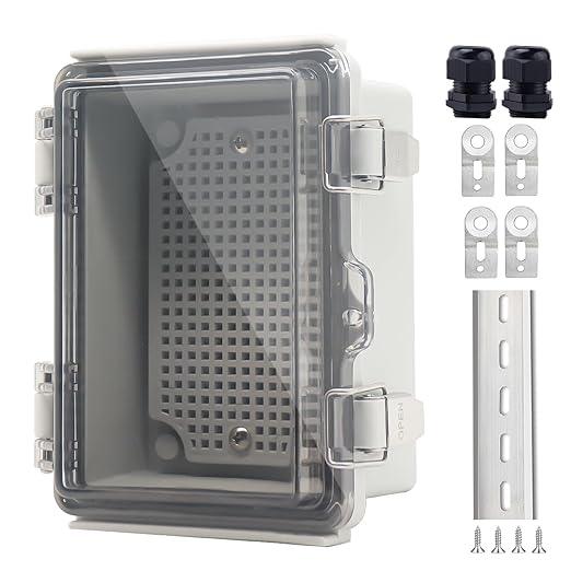IP67 Waterproof Junction Box, ABS Plastic Electrical Enclosure with Stainless Steel Latch, Hinged Cover Electric Box with Mounting Plate, Wall Brackets & Cable Glands 150x100x70
