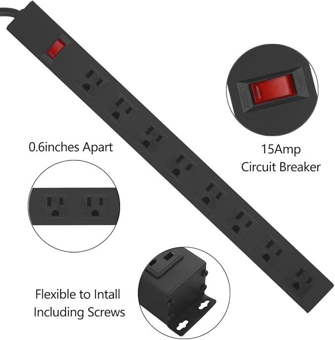 4Pack Metal 8 Outlet Mountable Power Strip, Wall Mount Outlet Heavy Duty, Wide Spaced Commercial Shop Power Strip with Switch, 15 FT Power Cord.