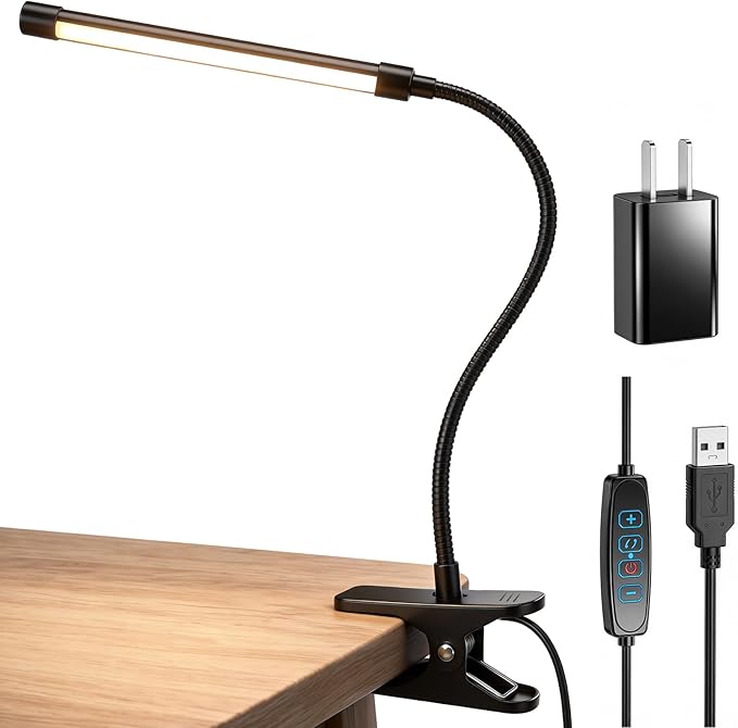 Clip on Reading Light for Books in Bed: Adjustable Dimmable Gooseneck Eye Caring LED Small Desk Table Lamps with Clamp: 3 Modes Lighting Night Lamp for Bed Headboard - Bedside（with Power Adapter）