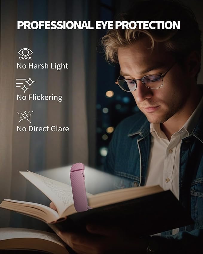HEMONNKAM Book Reading Light, Rechargeable Clip on Booklight, Eye Caring 3 Color Temperatures & 5 Brightness Levels, Night Use for Bed, Long Lasting, Reading at Night in Bed, Pink