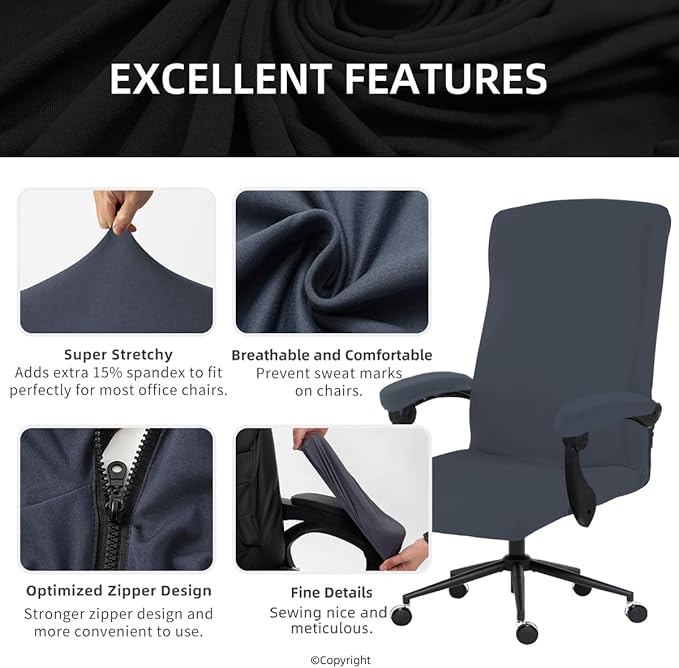 Stretch Computer Office Chair Cover with Armrest Covers Durable Zipper Universal Washable Removable Spandex Rotating Boss Chair Slipcovers Anti-dust Soft Desk Chair Seat Protector, Dark Gray