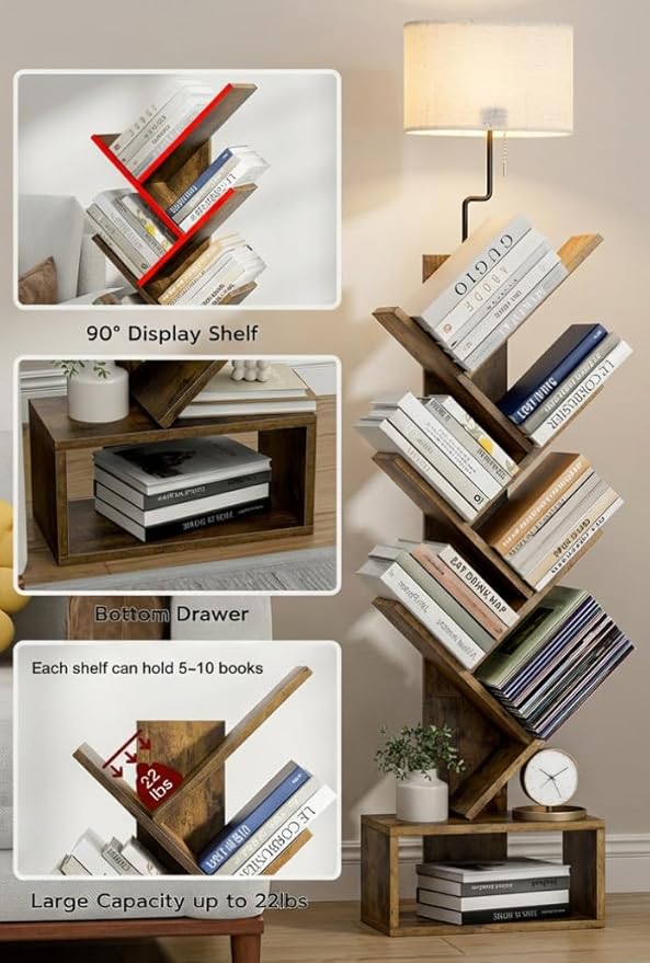 6 Tier Tree Bookshelf with Lights - Small Bookshelf Decor, Corner Bookshelf with Lamps, Living Room Storage, Tall Narrow DVD & CD Shelf, Comic Bookcases Standing for Bedroom or Office, Rustic Brown