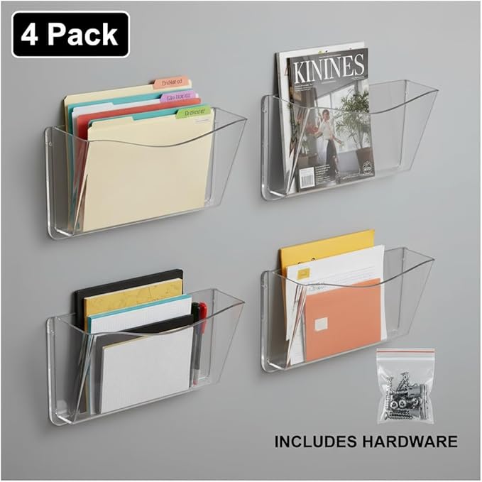 Azar Displays 250025 Clear Plastic Wall Mount File Holder with Hanging Hardware (4-Pack)