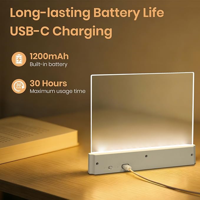 Flat Book Light, Rechargeable Clear LED Smart Reading Light with 3 Colors & Timer, Dimmable Full Page Panel Plate Lamp, Eye Protection, Portable Flat Reading Light for Bedside, Travel, Study (White)