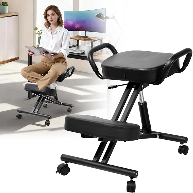 Ergonomic Kneeling Chair, Kneeling Chair with Locking Wheels, Adjustable Height Kneeling Support Chairs, PU Computer Kneel Chairs for Living Room