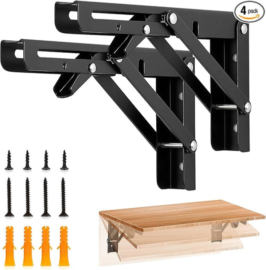 JOY DECOR 8 Inch Heavy Duty Folding Shelf Brackets, 4 Pack (2 Pairs) Collapsible Wall Mounted Brackets for Fold Down Table, Stainless Steel Folding Table Hinge, Matte Black