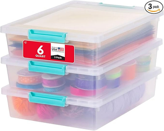 IRIS USA 6 Qt. Craft Storage Bins with Lids, 3-Pack, |Made in USA|, Clip Box, Small Plastic Sensory Bin Tote Organizer Containers for Art Supplies, Paper, & Office, Stackable - Clear/Seafoam Blue