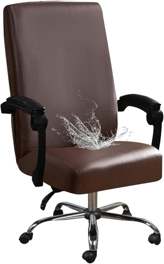 Shukii Waterproof Office Chair Cover PU Leather Computer Seat Covers Stretch Rotating Chair Slipcover with Elastic Bottom Universal Chair Protectors for Rotating Boss Chair (Brown, Medium)