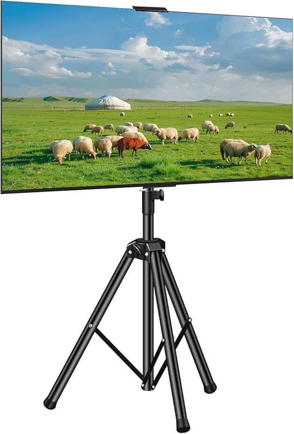 Portable TV Tripod Stand with Adjustable Angle Outdoor TV Stand with Top Shelf, Universal TVs Tripod for 30-55 in LCD LED Flat Screen TVs Display Floor Stand with No Drilling Needed