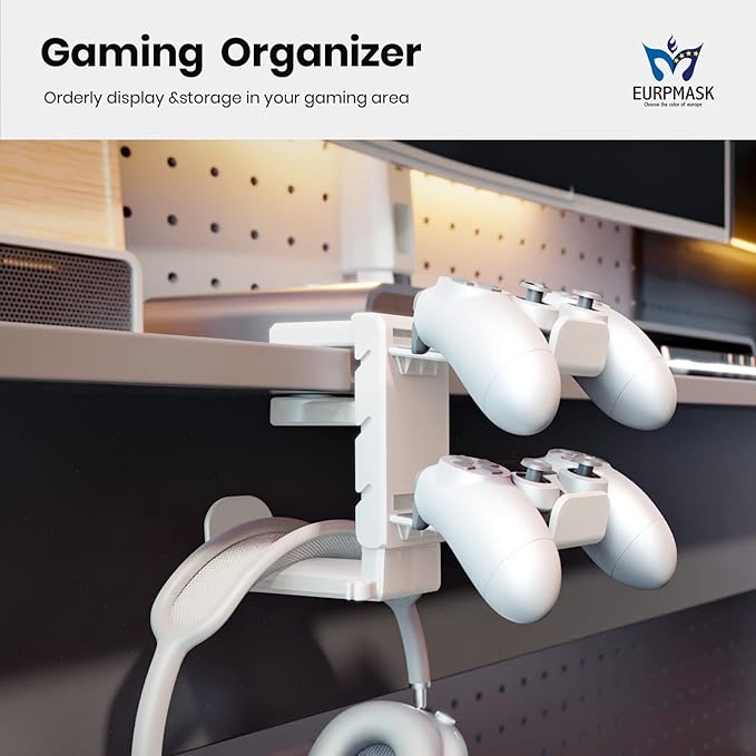 3-in-1 PC Gaming Headset&Controller Holder - EURPMASK Headphone Stand w/Adjustable Clamp&2 Controller Holder&Rotating Arm&Cable Organizer, Universal PC Gaming Accessory Controller Headset Stand-White