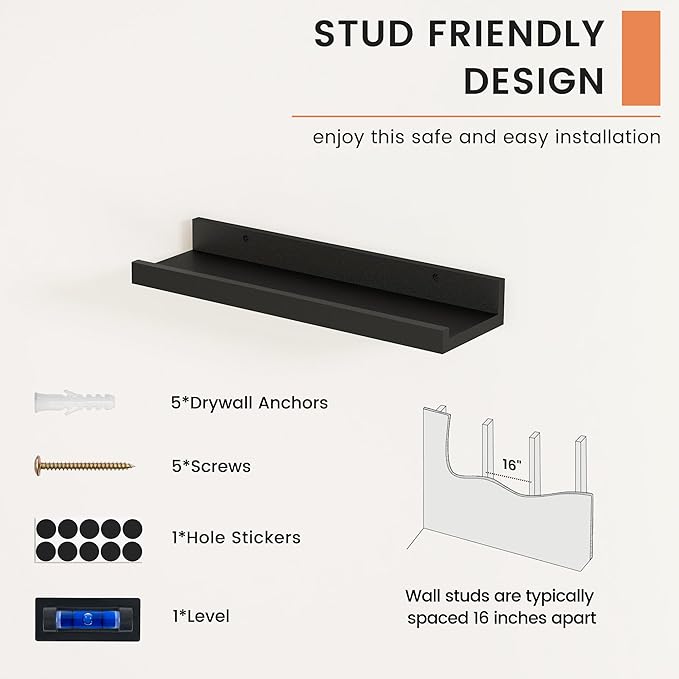 FLYJOE Picture Ledge Shelf, Floating Shelves Set of 2, 16 Inches Nursery Book Shelves for Toys Storage, Kids Bookshelf Wall Mounted for Living Room Bedroom Decor Books Photo Frames, Black