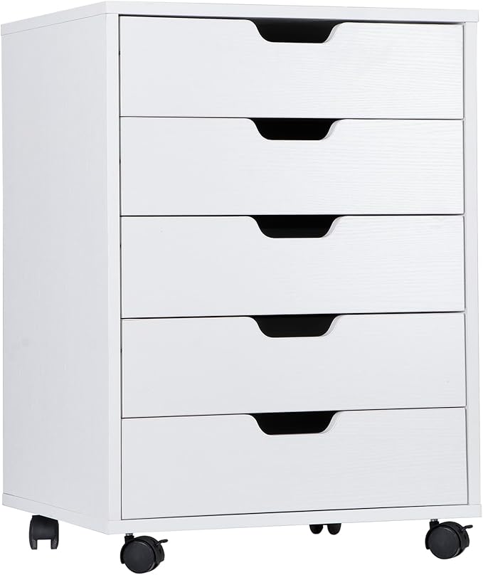 SUPER DEAL 5 Drawer File Cabinet for Home Office, Wood Under Desk Filing Cabinet Mobile Printer Stand Rolling Storage Organizer with Lockable Casters for Apartment Small Spaces, White