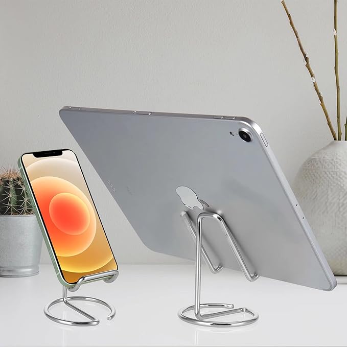 ROPOSY Cell Phone Stand for Desk, Cute Metal Silver Cell Phone Stand Holder Desk Accessories, Compatible with All Mobile Phones, iPhone, iPad