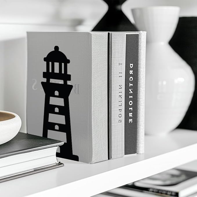 Peacoblue Metal Bookends for Shelves, Modern Decorative Heavy Duty Study Book Support Stoppers for Office, Desk, Shelf, Room 5.3"x4.3"x7.9" Cast Iron Simple Tall Bookends, 1 Pair (Lighthouse)