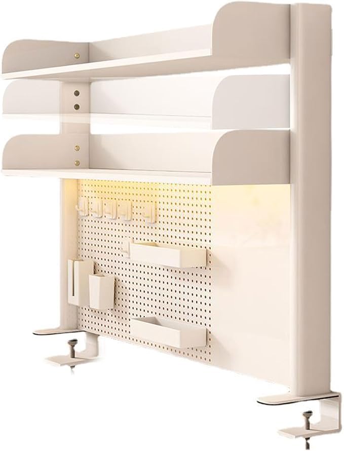 Clamp On Desk Extension Shelving Unit for Table Accessories Adjustable Clip On Storage Tray with Perforated Board and Hooks for Desk Organizer, L31.4in, H 38cm/14.9in