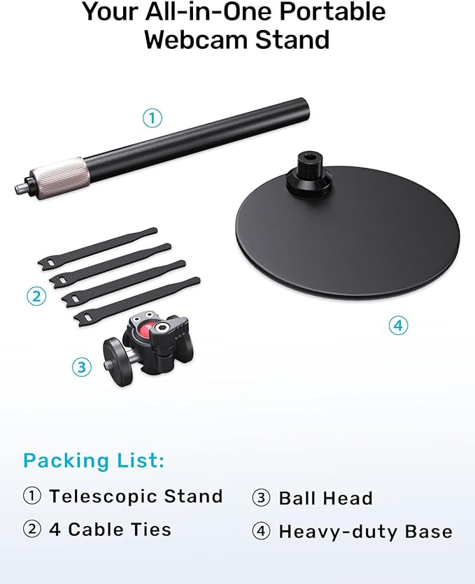 Webcam Tripod Stand for Desk, Newly Upgraded Small Base & 360° Ballhead & Height Adjustable, Ideal for Logitech Webcam C922 C930e C920 C615 C960 BRIO 4K NexiGo N60, Phone Holder with 1/4" Thread