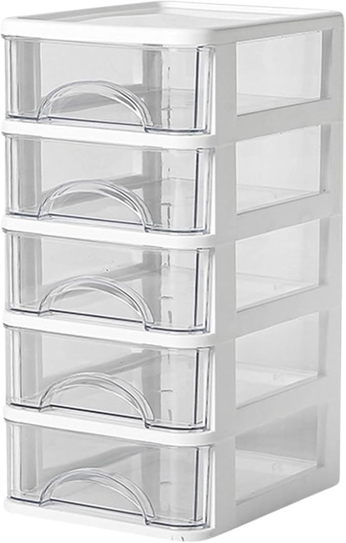 Mini Desktop Drawer Plastic White Frame with Clear Drawers Small Storage Drawers Containers Multi-layer Storage Organization Units for Storing Arts, Crafts, Sewing Accessories, Stationary (5 Layers)