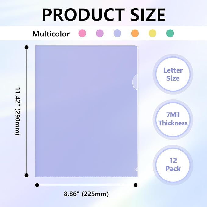 HOUYEE 12 Pack Clear Document Folders, L-Type Plastic File Folder Sleeves, Project Folders Paper Sheet Protectors for 8.5" x 11" Letter Size, for Home, Office, and School Use (6 Assorted Colors)