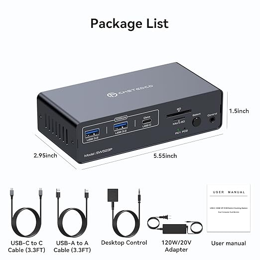 KVM Docking Station 4K120Hz USB C KVM Switch 2 Monitors 2 Computers with 100W PD Supply Displayport Dual Monitor KVM-Switches for Laptop and Desktop Share 14-in-1 Dock