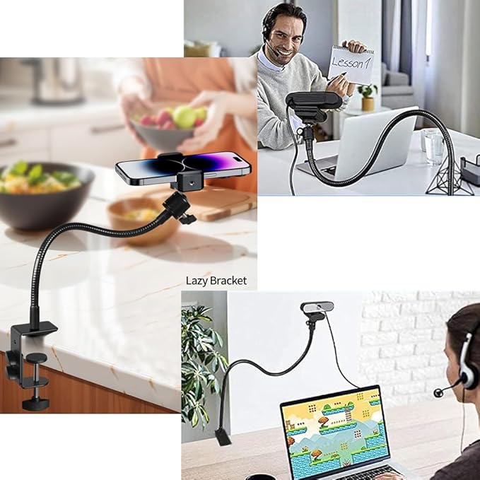Webcam Stand Phone Holder Desktop Adjustable Gooseneck & Pole Video Clamp Stand Camera Mount for Cellphones, Logitech Webcam C922 C930e C920S C920 C615, Etc. (1/4" Threads, 7.5cm Clamp)