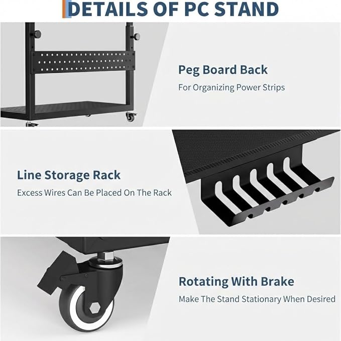 2-Tier Rolling Computer Tower Stand with Cable Management Rack, Height Adjustable CPU Holder Cart with Hooks for Gaming Home Office, PC Stand Fits Under Desk,Carbon Fiber Black