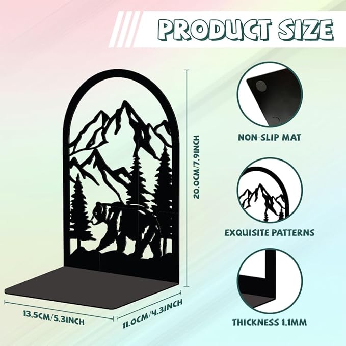 Peacoblue Metal Bookends for Shelves, Modern Decorative Heavy Duty Study Book Support Stoppers for Office, Desk, Shelf, Room 5.3"x4.3"x7.9" Cast Iron Bookends, 1 Pair (Mountain and Forest with Bear)