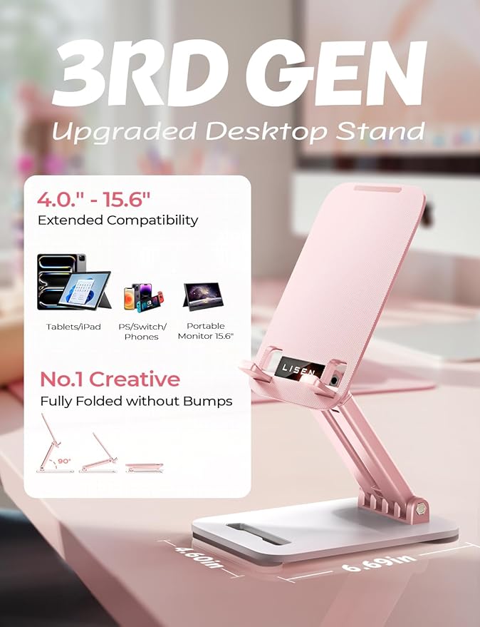 LISEN Pink Desk Accessories for iPad Office Supplies Desk Decor for Moms Women Mother Gifts for Him Tablet Stand Vanity Accessories Video Face Time Free Hands for ipad Switch Kindle