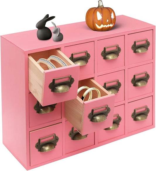 12 Drawer Drawers Storage Cabinet, Wooden Medicine Cabinet Desktop Drawer Organizer Herb Storage Box with Solid Wood Build & No Assembly for organize spices medicines jewelry cosmetics(Pink)