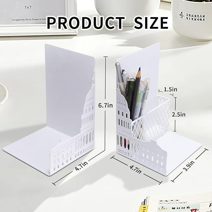 Capitol Book Ends Decorative for Shelves,ENCIMART 1.5mm Thickened Bookends with Pen Holder,Heavy Duty Metal Book Stopper Desk Organizer Holder for Office Gift (White)