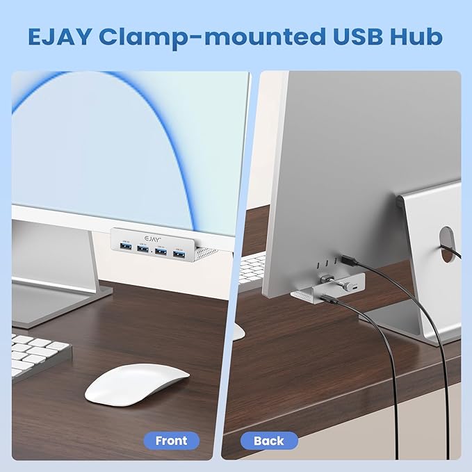 EJAY USB 3.0 Hub with Adjustable Clamp, 4-Port Powered Hub for iMac, PC, Laptop(59inches Data & 39inches Power Cables)