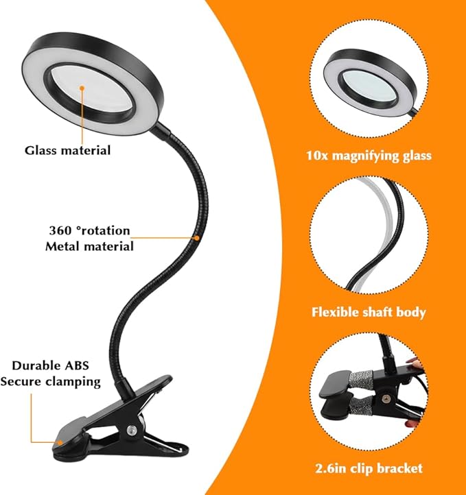 10X Magnifying Glass with Light, 2 in 1 Magnifying Desk Lamp Clip on Mganifier, 3 Color Modes & 10 Brightness Levels, USB Powered Magnifier Light for Bed Crafts DIY Repair(Size:95mm)