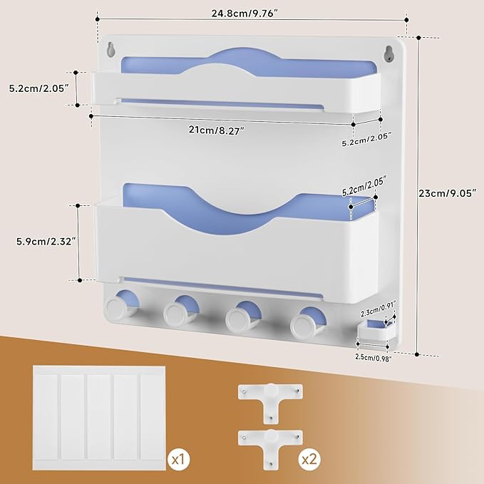 Bedside Wall Shelf with Glasses Hooks ，Adhesive Bedside Organizer Wall Mount for Dorm and Room Accessories Phone，Remote，Earphone， Kindle (White)