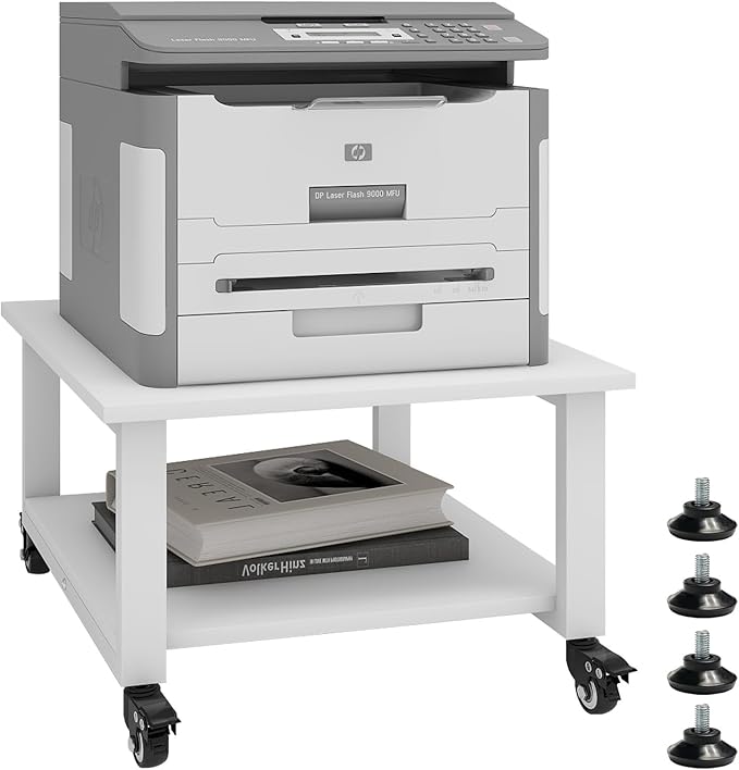 Natwind 2 Tier Laser Printer Stand,19.7''x19.7''x12.6'' Large Printer Table Copier Stand Under Desk,Heavy Duty Rolling Cart with Paper Storage Shelf,Printer Holder on Wheels for Home Office (White)