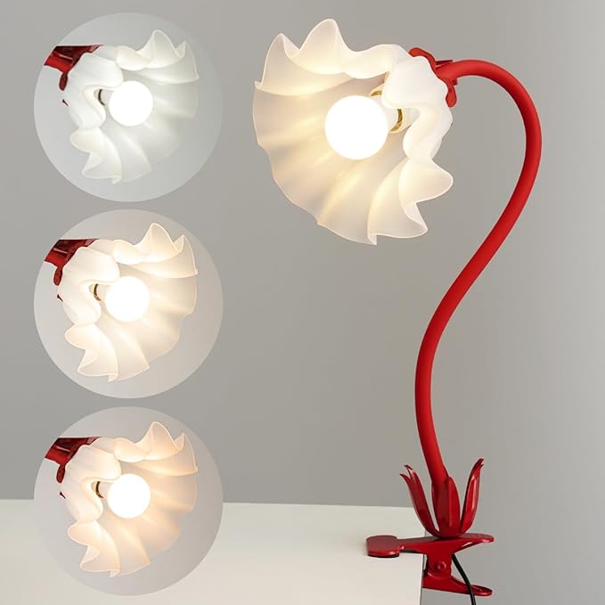WERFOP Flower Lamp Clip on Light, 3 Color Modes Eye-Caring Desk Lamp with Clamp, Dorm Room Essentials, Flexible Neck Reading Clamp Lamps for College Bedside Bookshelf Studying Room (Red)