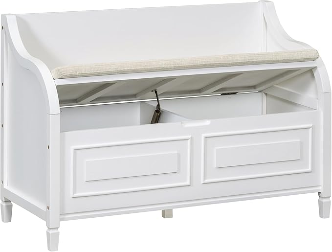 SOFTSEA 41.9" Storage Bench with Back, Entryway Shoe Bench with Cushion & Lift Top Storage, Rustic Shoe Storage Cabinet with Cushioned Seat for Entryway, Bedroom, Living Room (White)