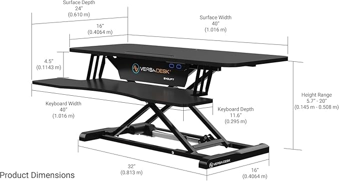 VERSADESK EvoLift 40" Electric Standing Desk Converter, Sit to Stand Riser, 1-Button Easy Lift, Dual Monitor Workstation, Wide Keyboard Tray, Built-in Device Stand, Black