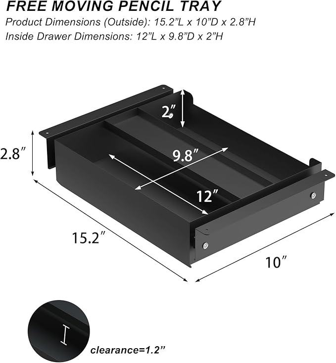 Under Desk Drawer(15.2''x10''x2.8'') with Sliding Pencil Tray, Desk Mounted Sliding Pull-out Drawer for Home Office, Extra Storage Organizer for Sit Stand Workstation