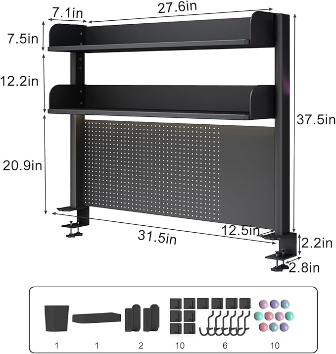 Clamp on Desk Shelf with Pegboard, Desktop Organization Bookshelf Storage Shelves for Home Office Dorm Gaming Desk, Space Saving Tabletop Display Rack