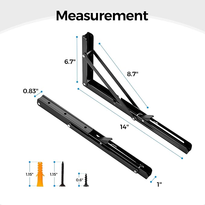 Home Expert 14 Inch Folding Shelf Brackets, 6 Pack (3 Pairs) Heavy Duty Metal Collapsible Wall-Mounted Brackets, Space-Saving DIY Foldable Shelf for Benches and Tables, Matte Black