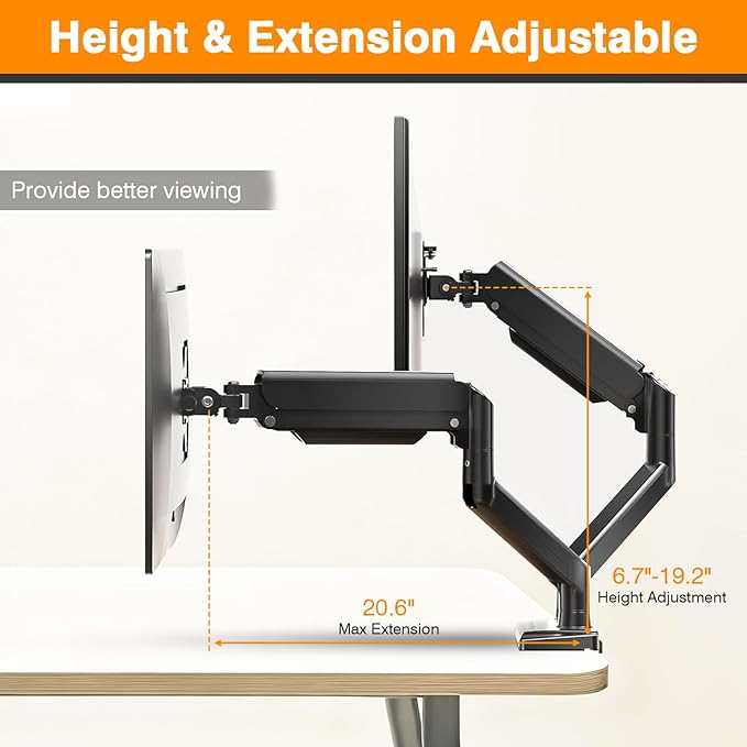 Dual Monitor Arms, Gas Spring Monitor Arms for 2 Monitors up to 34" Curved/Flat, 22lbs per Arm, VESA Mount 75x75 100x100mm, C-Clamp & Grommet Base, Adjustable Tilt/Swivel/Rotation
