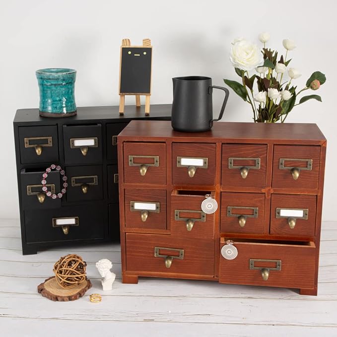 Apothecary Cabinet with 10 Drawers & Labels Rustic Library Card Catalog Cabinet Desktop Wooden Storage Box for Organize Herbal、Tea Bag、Jewelry (Brown)